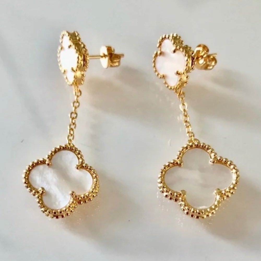 Mother of Pearl Quatrefoil Clover Motif Drop Earrings